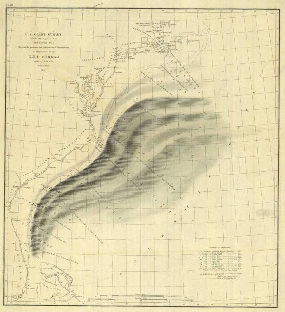 Survey Map Gulf Stream No 1 showing the positions and comparison of observations of temperature in the Gulf Stream in 1845, '6, '7, '8, '53, & '54. Picture