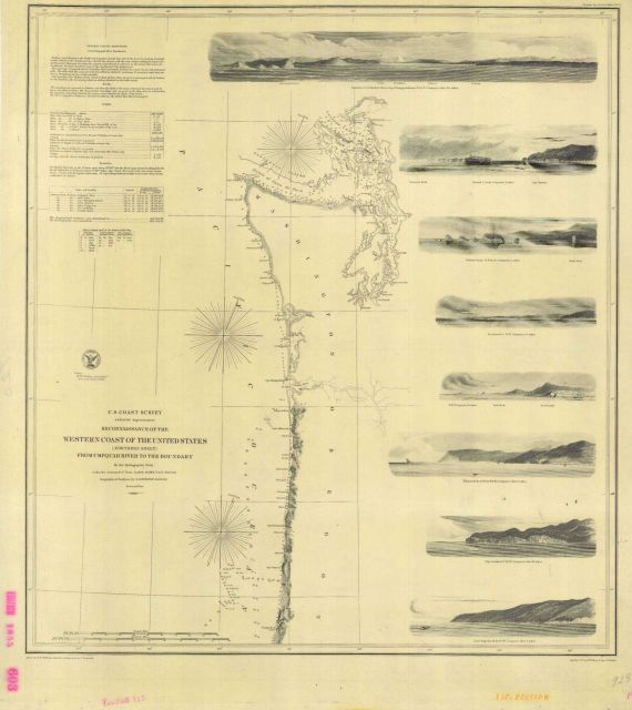 Published chart of the Reconnaissance of the Western Coast of the United States (Northern Sheet) from Umpquah River to the Boundary.