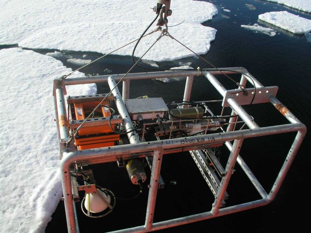 The photoplatform is deployed into icy waters. Picture