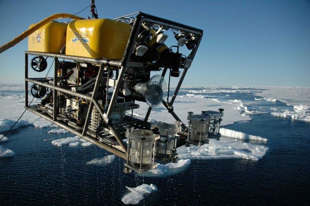 The ROV is brought back on board after a dive deep into the Canada Basin. Picture