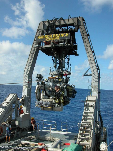 The Johnson Sea-Link (JSL) submersible is typically launched two times per day from the Harbor Branch Oceanographic Institution's R/V Seward Johnson. Picture