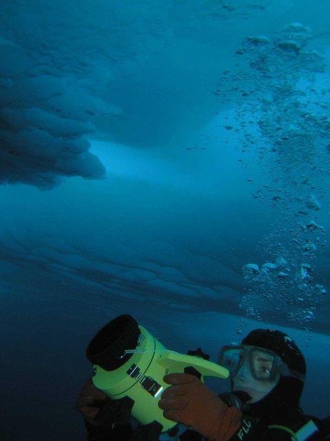 Photos taken underneath the ice surface show both the complexity of the ice structure as well as the stunning shades of blue Picture
