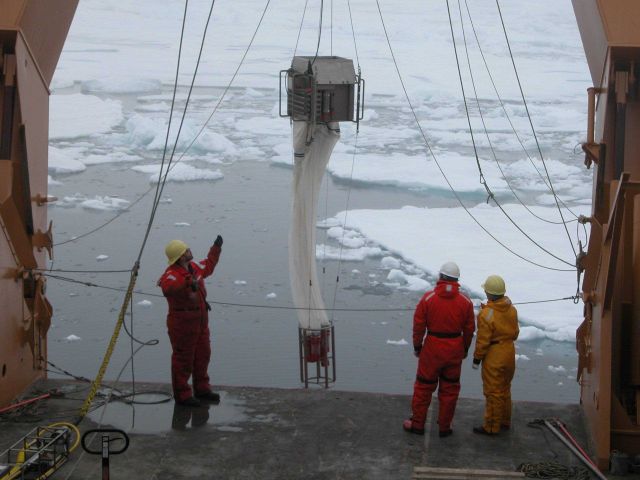 An operational multi-net used to collect zooplankton samples from different depths in the water column is deployed! The multinet is lowered on a cable Picture