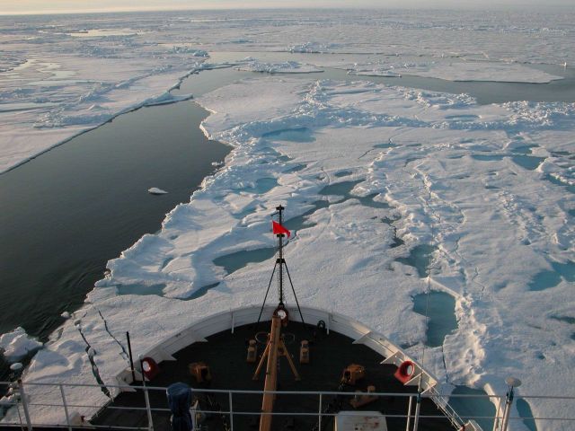USCGC Healy cuts through young Arctic ice during the first day the cruise is underway. Picture