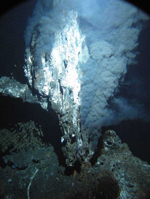 A black smoker chimney named 'Boardwalk' emitting hydrothermal fluids at 644 F (340 C) in the northeastern Pacific Ocean at a depth of 7,260 feet Picture