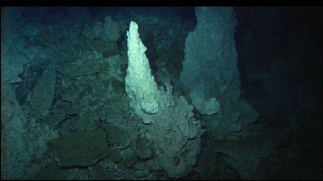 A white carbonate spire in the Lost City vent field. Picture