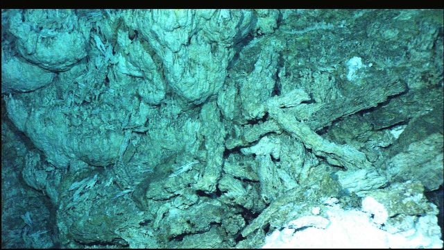 Broken blocks of white carbonate mineral material at the base of a Lost City spire. Picture