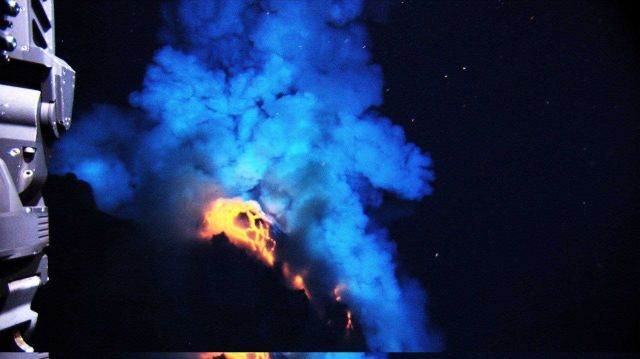 Superheated molten lava, about 2200 degrees Fahrenheit, is about to explode into the water in this image Picture