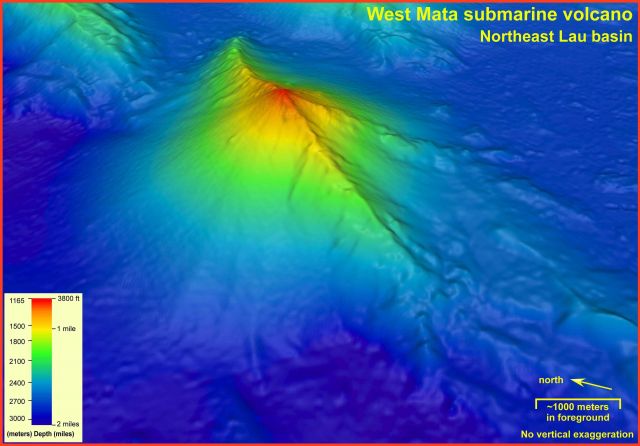 The summit of the West Mata Volcano is nearly a mile below the ocean surface (1165 meters / 3882 feet), and the base descends to nearly two miles (300 Picture