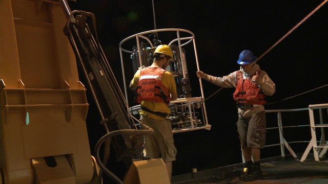 Preparing to launch the CTD rosette Picture