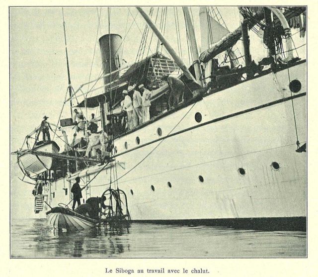 The Dutch research ship SIBOGA seen with a net either being prepared for deployment or possibly being secured after fouling in some manner. Picture