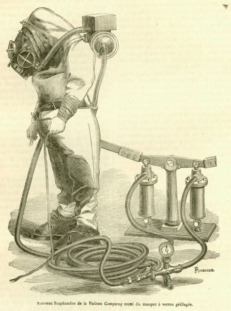 Hardhat diver prior to entering water in La Nature. Picture