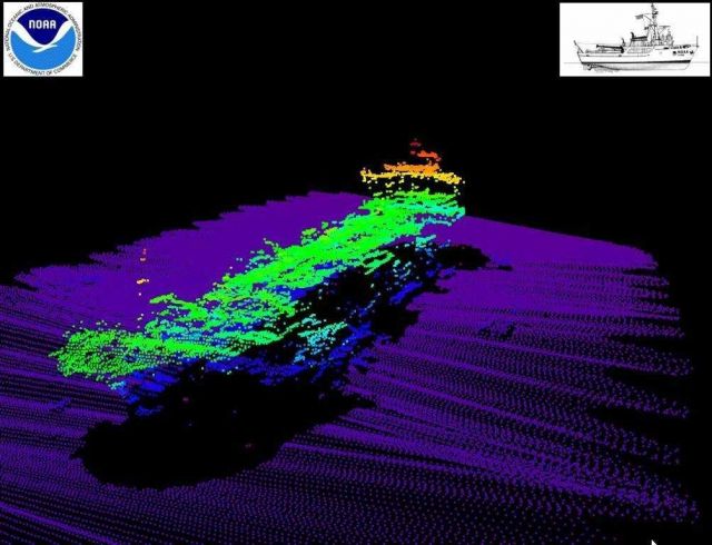 3-D rendition of a sunken vessel obtained from processed multi-beam sounding information Picture
