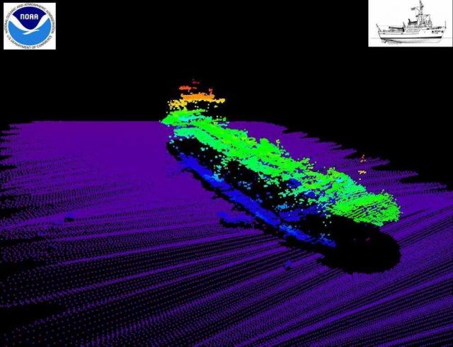 3-D rendition of a sunken vessel obtained from processed multi-beam sounding information Picture