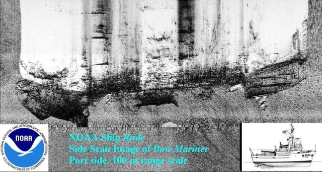Port side view of sunken ship BOW MARINER obtained by NOAA Ship RUDE using 100-meter sidescan sonar range. Picture