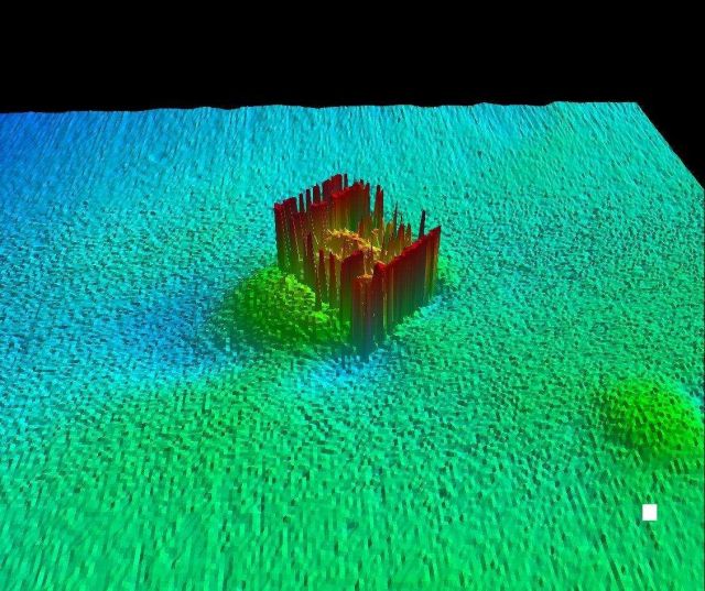 Derelict fish trap as imaged by very high resolution multi-beam sonar Picture