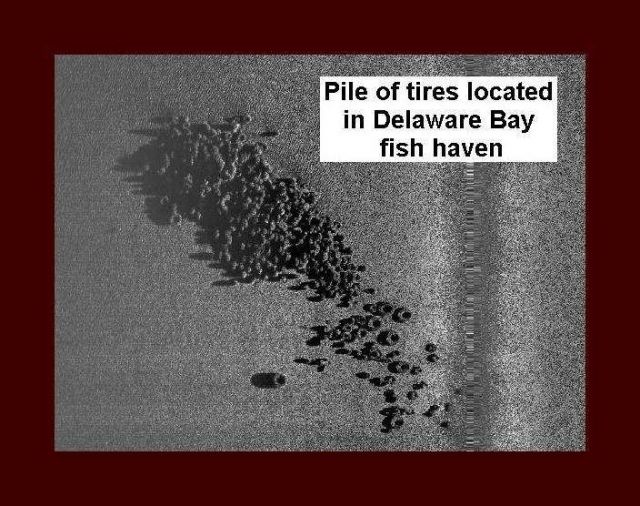 High-resolution sidescan image of pile of tires dumped to produce a Delaware Bay fish haven. Picture