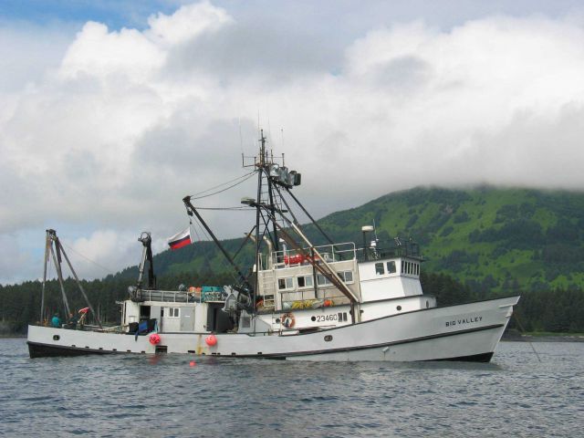 Charter expedition vessel Big Valley anchored in Icon Bay. Picture