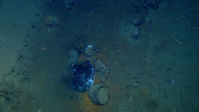 Wreck 15577 showing metal container containing black powder, an iron cauldron, and a whetstone Picture