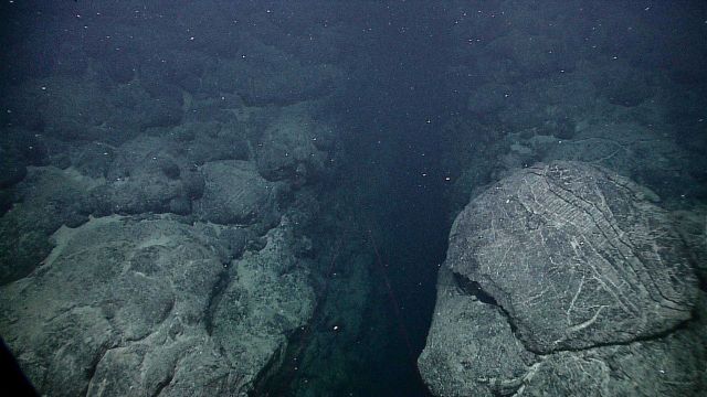 Pillow lavas in a highly fissured area of seafloor apparently close to the locus of spreading along the Galapagos Rift. Picture