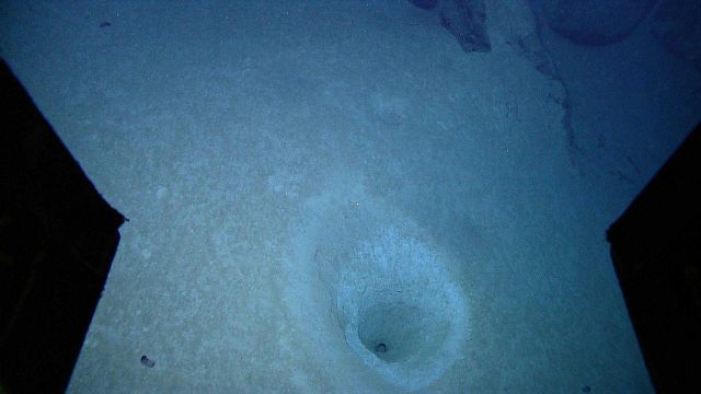 A large hole with a large burrow continuing downward at its bottom. Picture