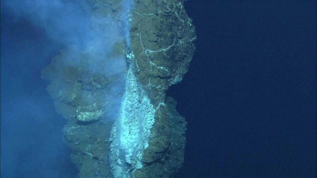 A hot vent (255 degrees C) near the top of a 38-meter-high sulfide chimney in the Loloa Kakai vent field on the Fonualei rift, sampled during dive Q23 Picture