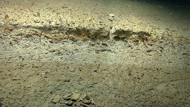 Three different layers of sedimentary rock differentiated by color variations. Picture