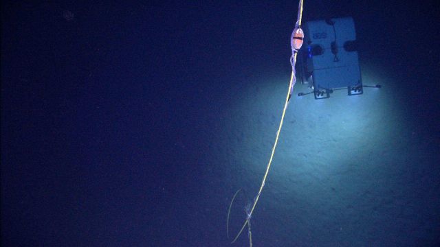 Deep Discoverer seen over a sediment covered seafloor from its 