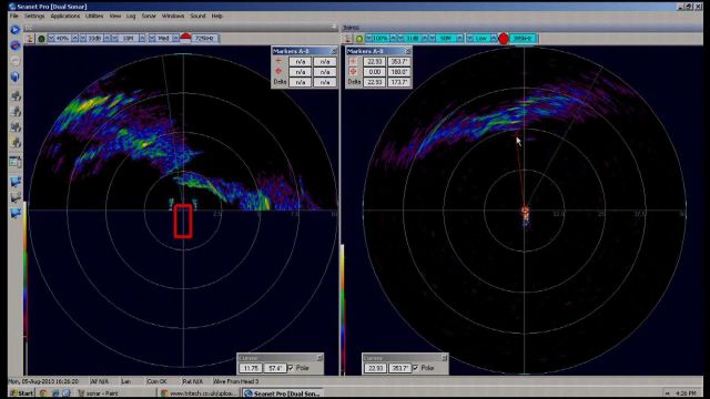 Sonar display of forward looking sonar on Deep Discoverer as it encounters an escarpment. Picture