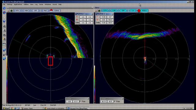 Sonar display of forward looking sonar on Deep Discoverer as it encounters an escarpment. Picture