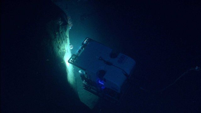 Deep Discoverer ROV as seen from Seirios while working along a vertical wall. Picture