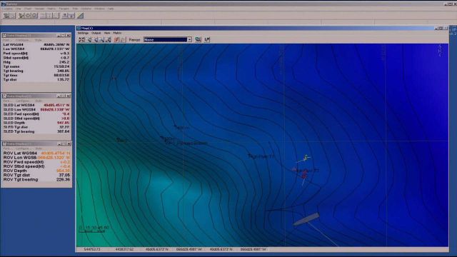 Display of bathymetry with ship location and ROV location. Picture