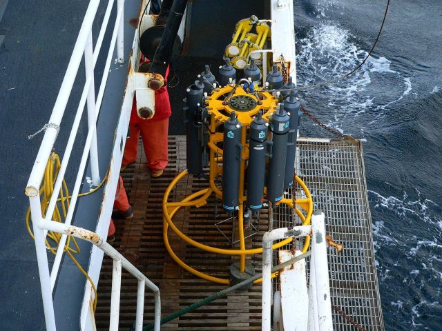 Deploying CTD (Conductivity, Temperature, Depth sensor) Picture