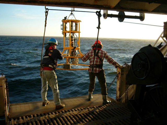 Deploying CTD (Conductivity, Temperature, Depth sensor) Picture