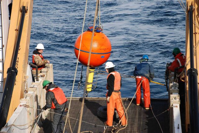 Deploying subsurface acoustic doppler current profiler (ADCP) buoy. Picture