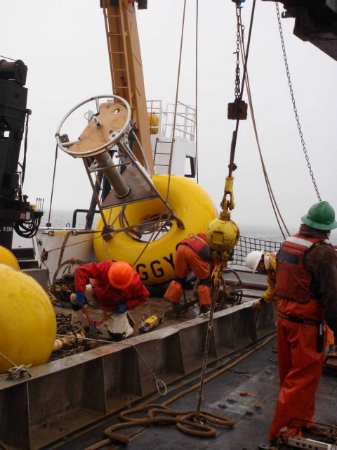 FOCI (Fisheries Oceanography Coordinated Investigations) buoy mooring operations off the NOAA Ship MILLER FREEMAN. Picture