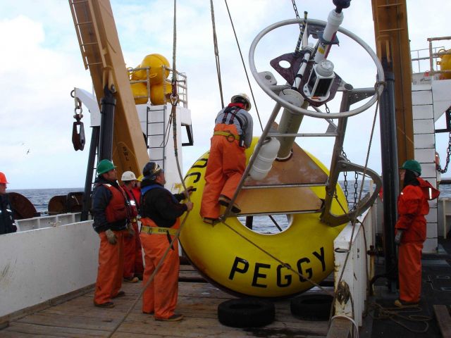 FOCI (Fisheries Oceanography Coordinated Investigations) buoy mooring operations off the NOAA Ship MILLER FREEMAN. Picture