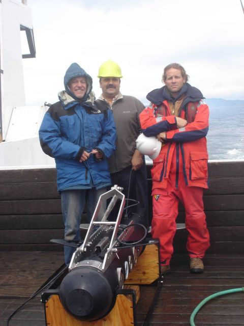 Night recovery of MOCNESS plankton sampler. Picture