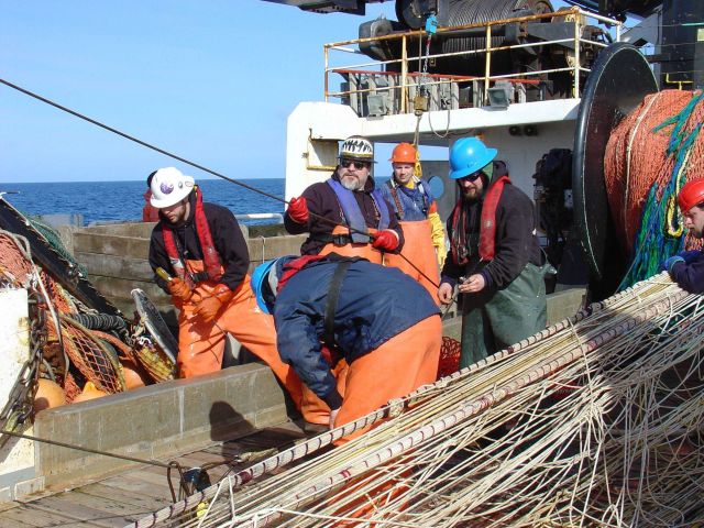 Mid-water rope trawl going out - monitoring third wire attached to net sensors. Picture