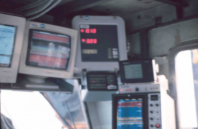 Navigational readouts and displays on the bridge of a fisheries research vessel ca Picture
