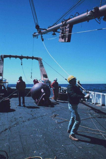Preparing to launch a buoy during Gulf Stream eddy studies from the stern of the NOAA Ship ALBATROSS IV. Picture
