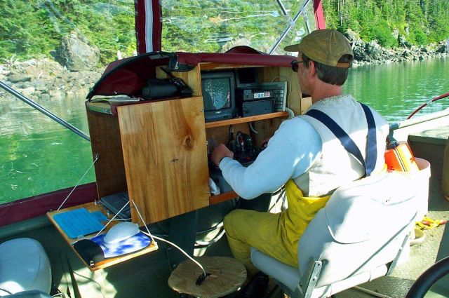 Working at the ROV control station during a high-tech skiff survey. Picture