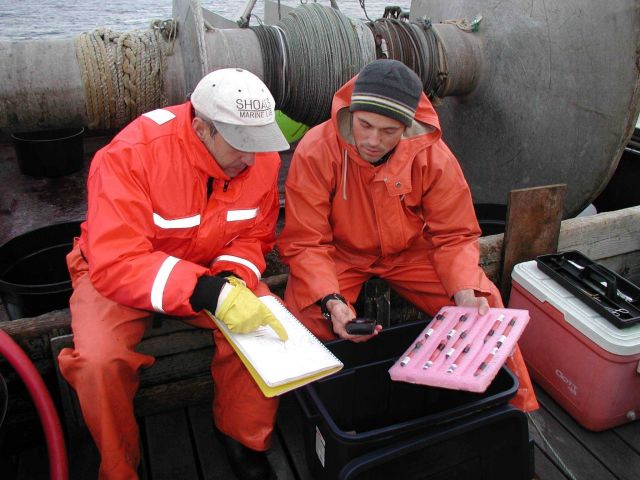 Scientist Phil Levin and colleague discuss sampling and tagging procedures during cruise to tag Puget Sound gill sharks. Picture