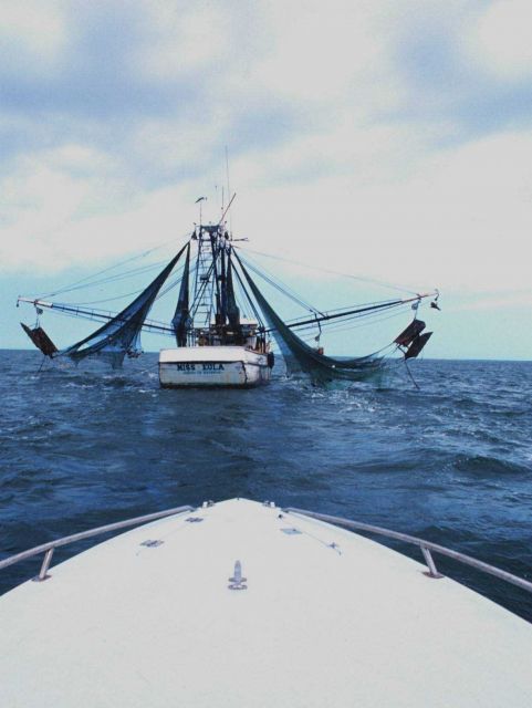 Nets and otterboards hanging outboard on the MISS EULA, a Vietnamese-American owned shrimp trawler operating in the Gulf of Mexico. Picture