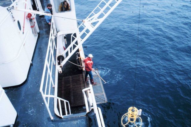 CTD rosette being deployed to study water temperature, salinity, and chemical characteristics Picture