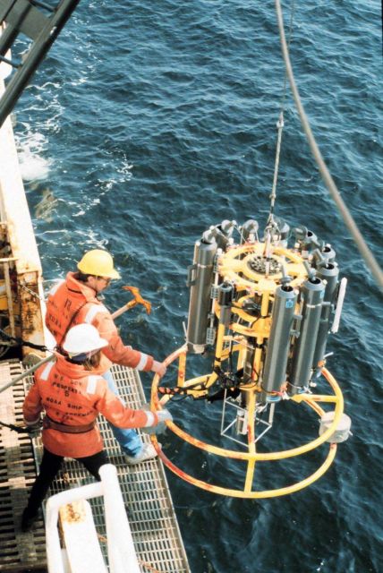 Deploying a CTD rosette sampler off the NOAA Ship MILLER FREEMAN. Picture