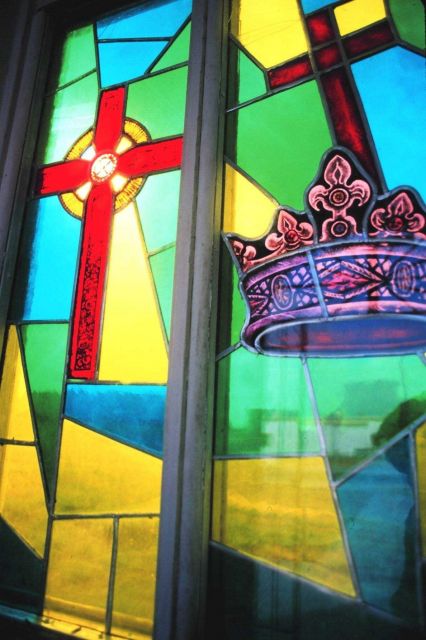 Stained glass at the Seamen's Memorial Tower commemorating fishermen who have lost their lives at sea Picture