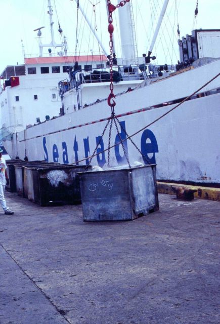 A large freighter discharges frozen albacore at a tuna cannery in Mayaguez, Puerto Rico Picture