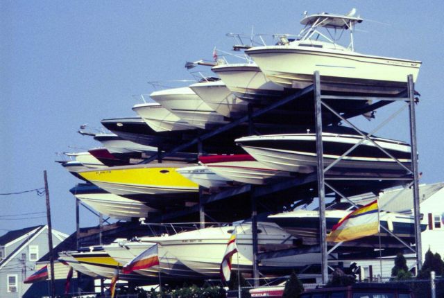 Boats stacked in a Long Island boatyard await the openings of seasons for nearshore New York fish. Picture