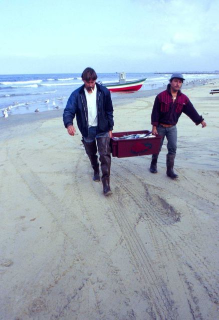 A two-man crew moves the morning's longline catch from dory to customers, all within a hundred yards. Picture